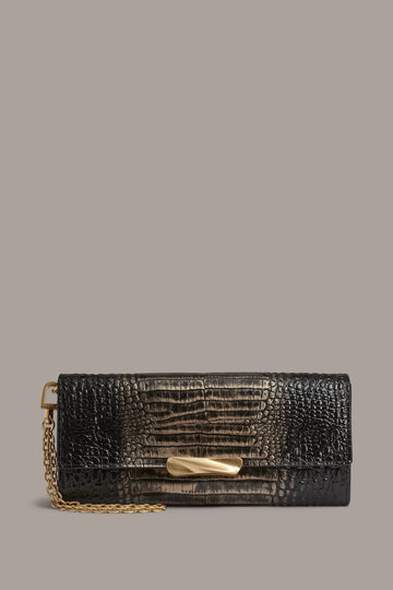 Metallic Croc-Effect Leather Magnetic Snap Flap Chain Clutch Wallet