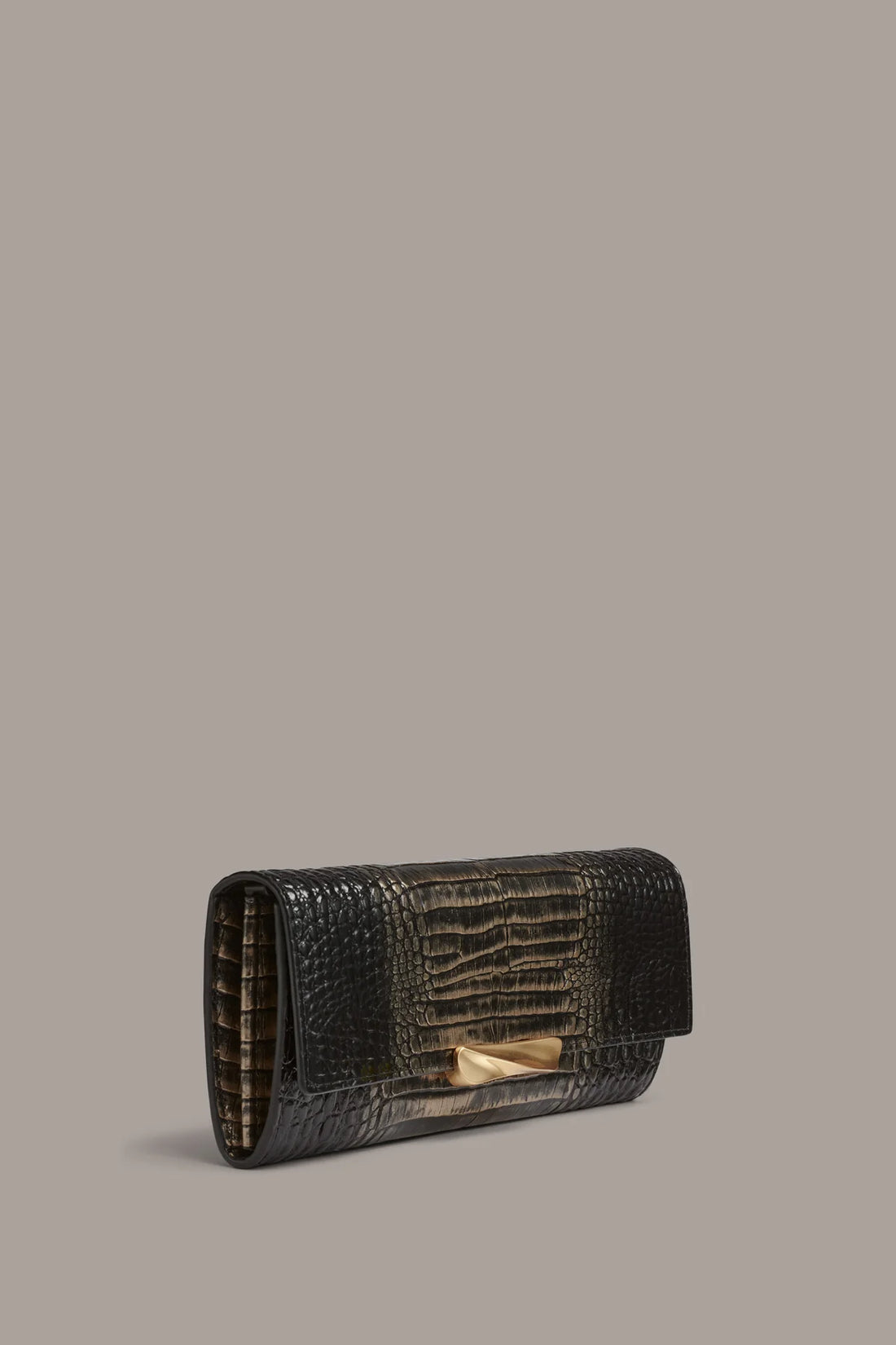 Metallic Croc-Effect Leather Magnetic Snap Flap Chain Clutch Wallet